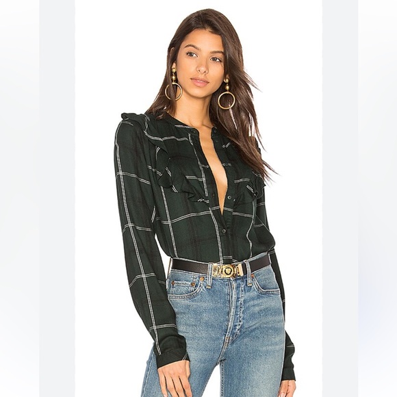 Anthropologie Sanctuary Button Up Blouse green plaid ruffle Size Medium - Picture 1 of 8